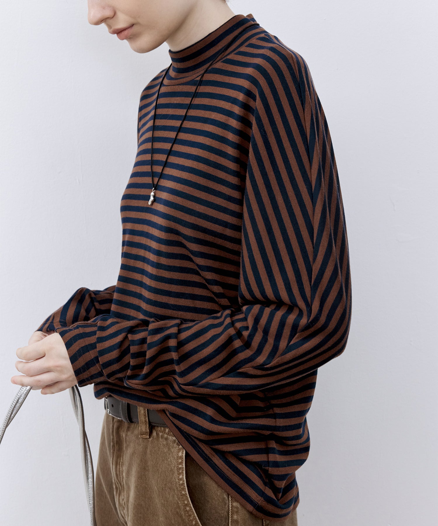 Wool Blend Striped Bihigh Neck Long Sleeve Tee