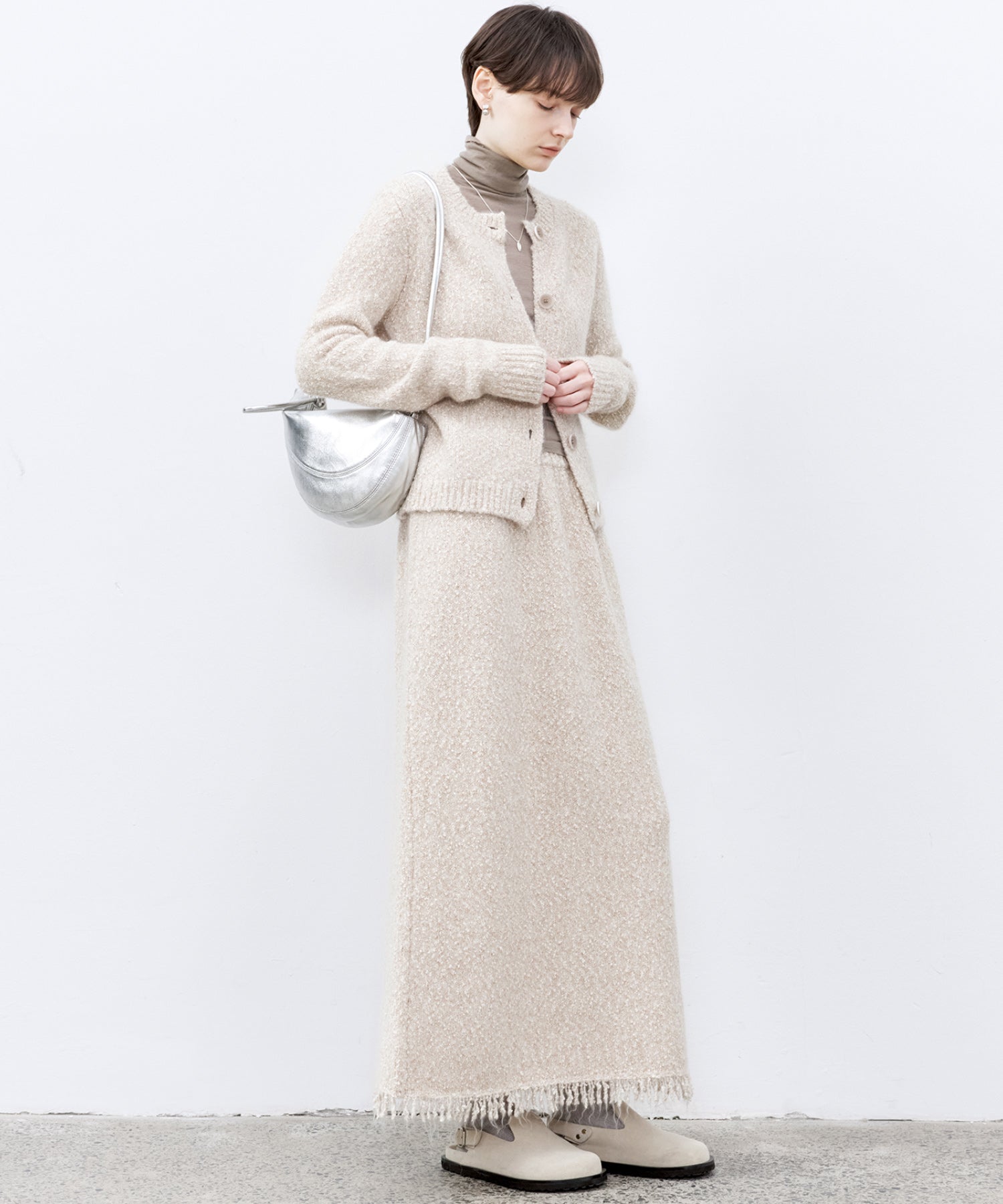 Fringe Accent Textured Knit Skirt – Tweed-Like A-Line