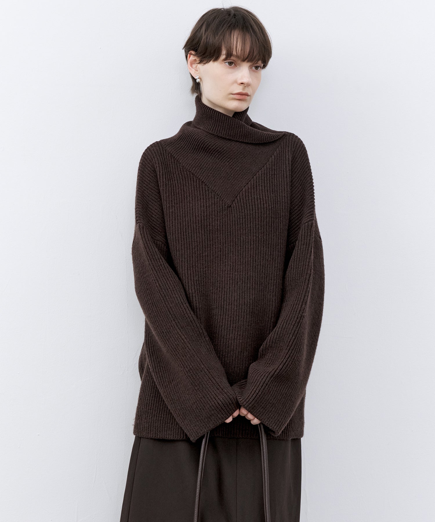 Relaxed Fit Wool-Blend Sweater with Crossed High Neck
