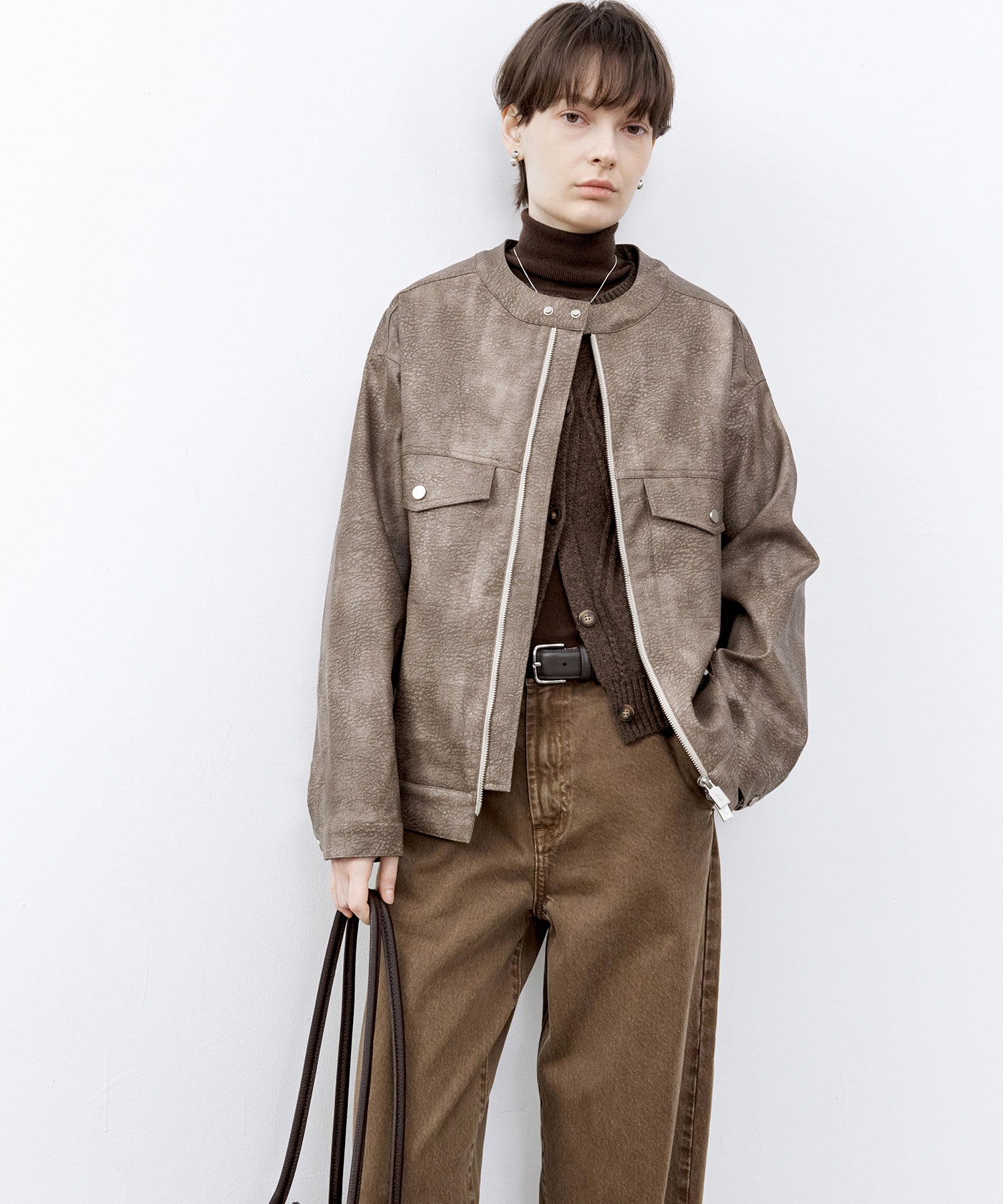 Vintage Grain Washed Faux Leather Panel Jacket