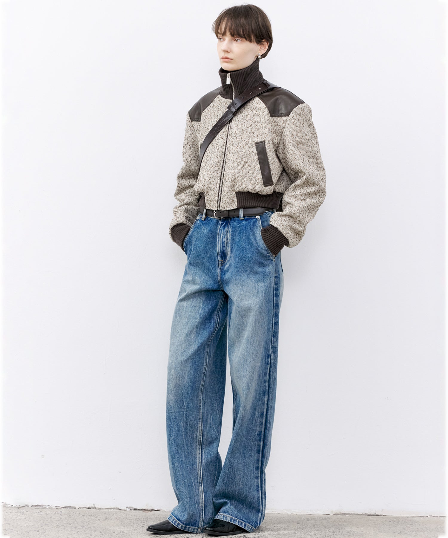 Textured Panel Short Puffer Jacket with Ribbed Stand Collar