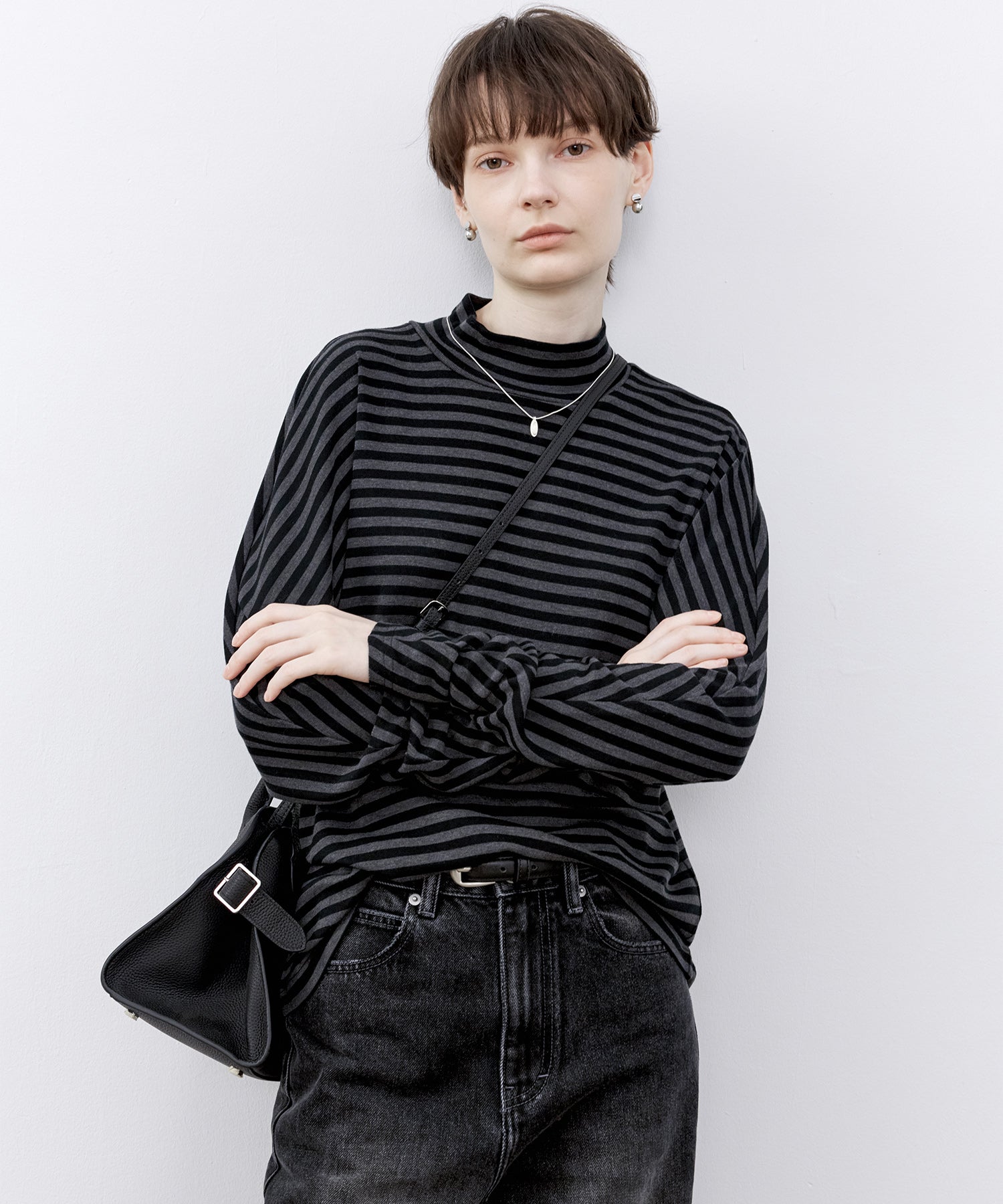 Wool Blend Striped Bihigh Neck Long Sleeve Tee