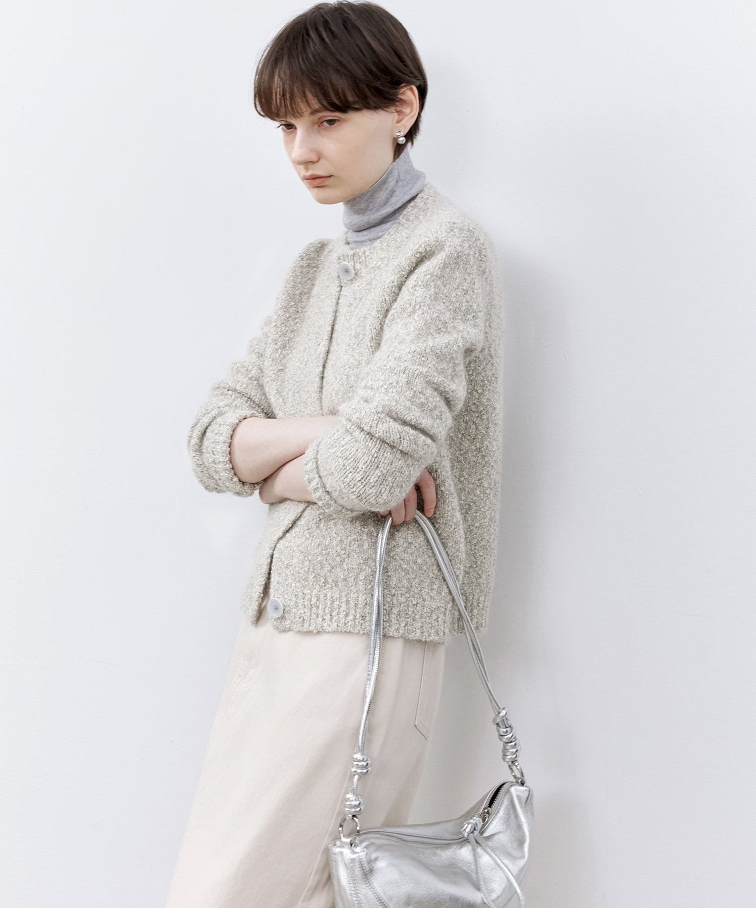 Nepped Knit Cardigan with Tweed Texture