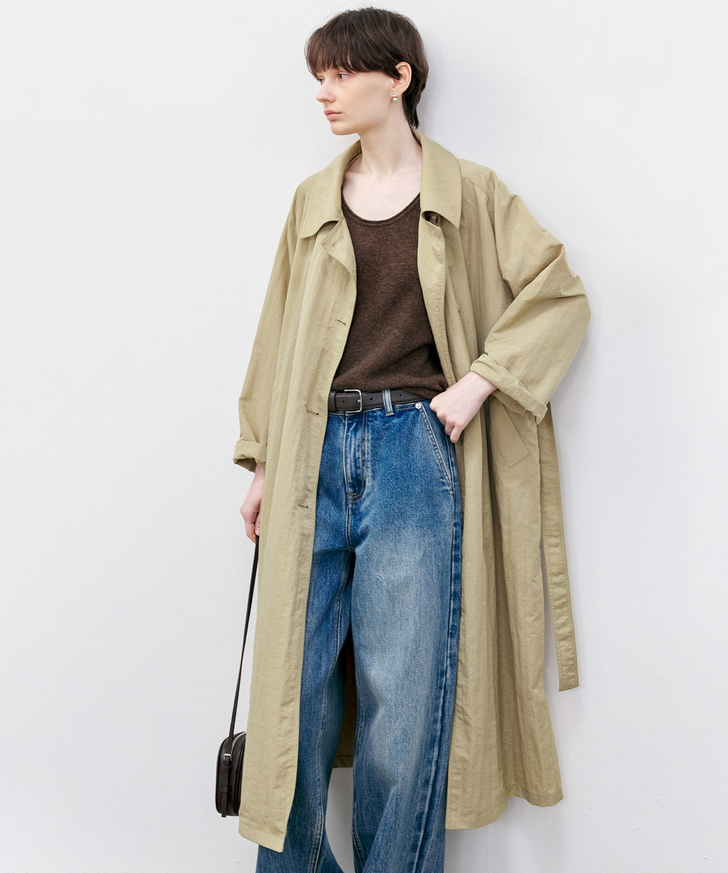 Lightweight Crinkled Fabric Longline Coat with Detachable Belt