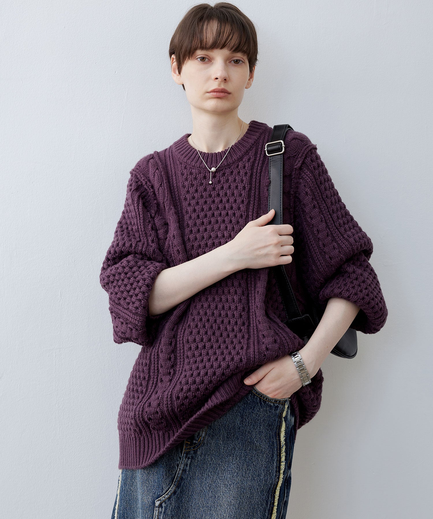 Textured Wool Blend Aran Sweater