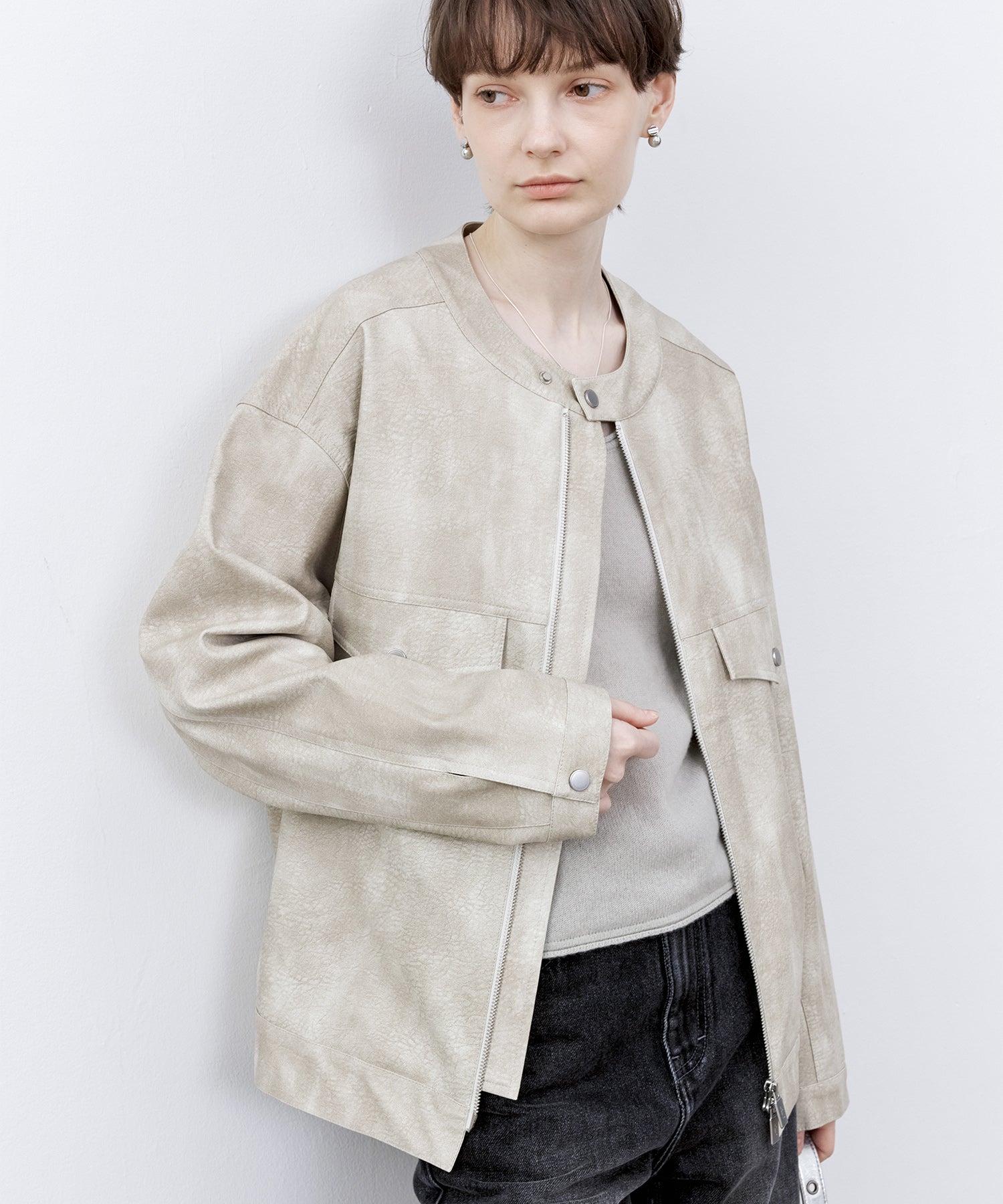 Vintage Grain Washed Faux Leather Panel Jacket
