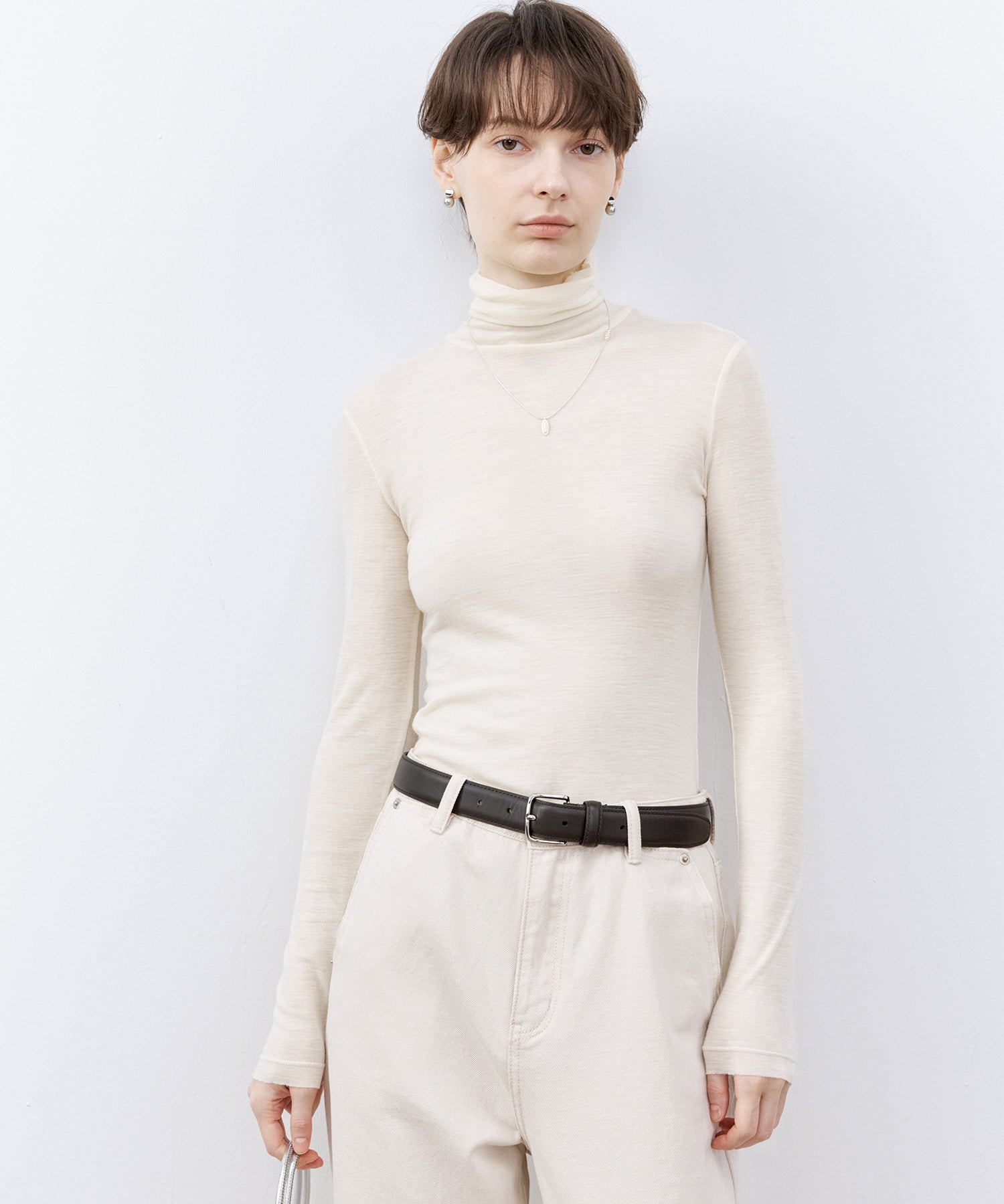 Draped Texture Wool Turtleneck Long Sleeve Top