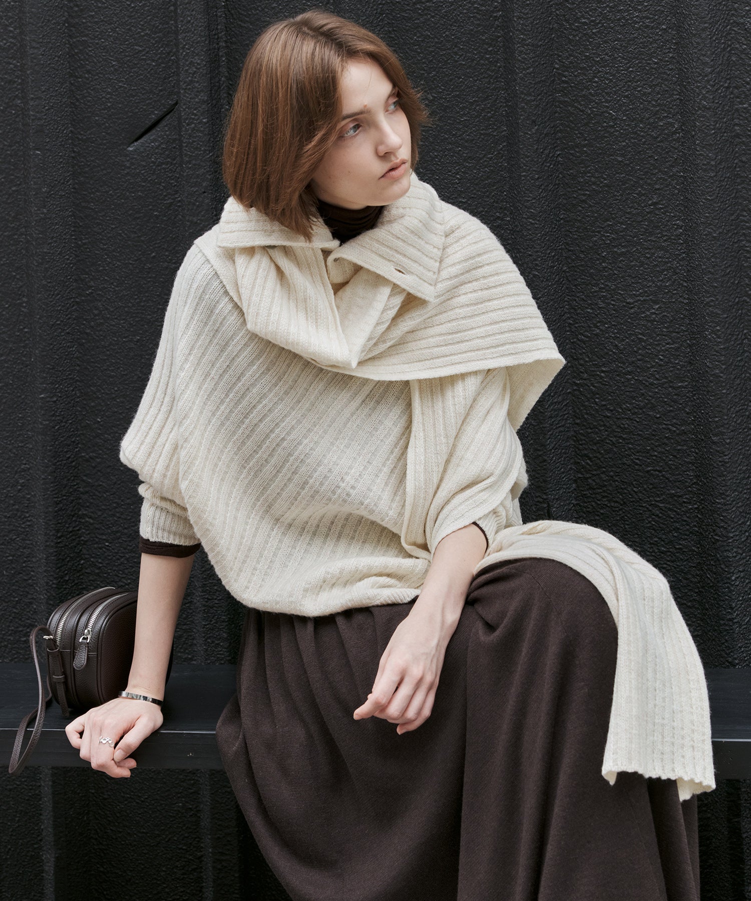 Asymmetric High-Neck Textured Knit Poncho Scarf