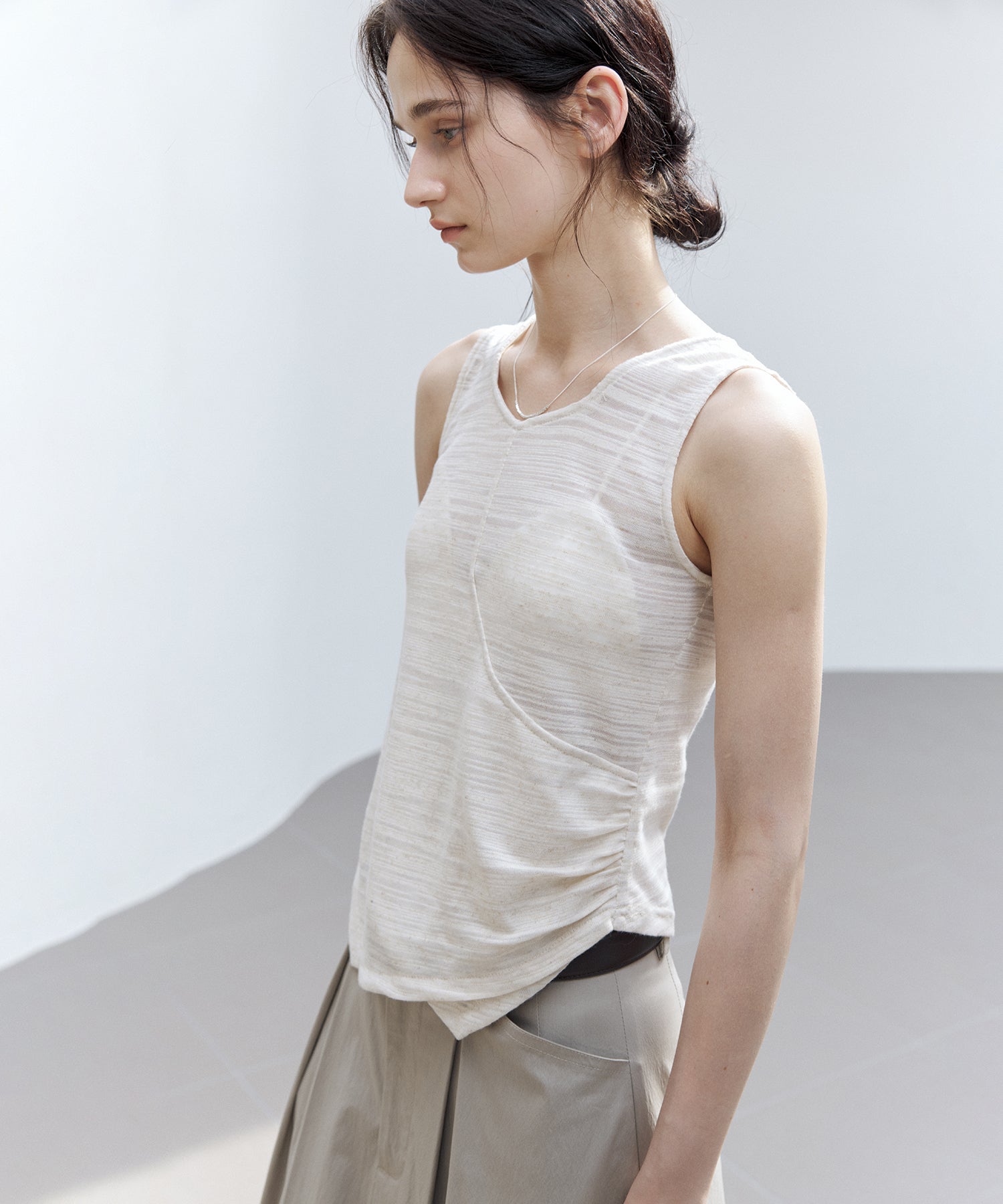 Asymmetric Gather Linen Blend Tank Top