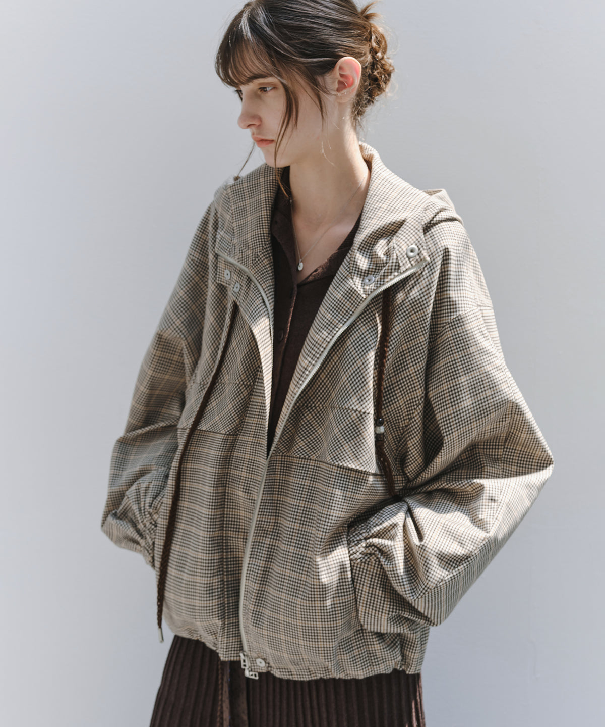 「10月下旬出荷予定」Checked Drawstring Hooded Short Jacket