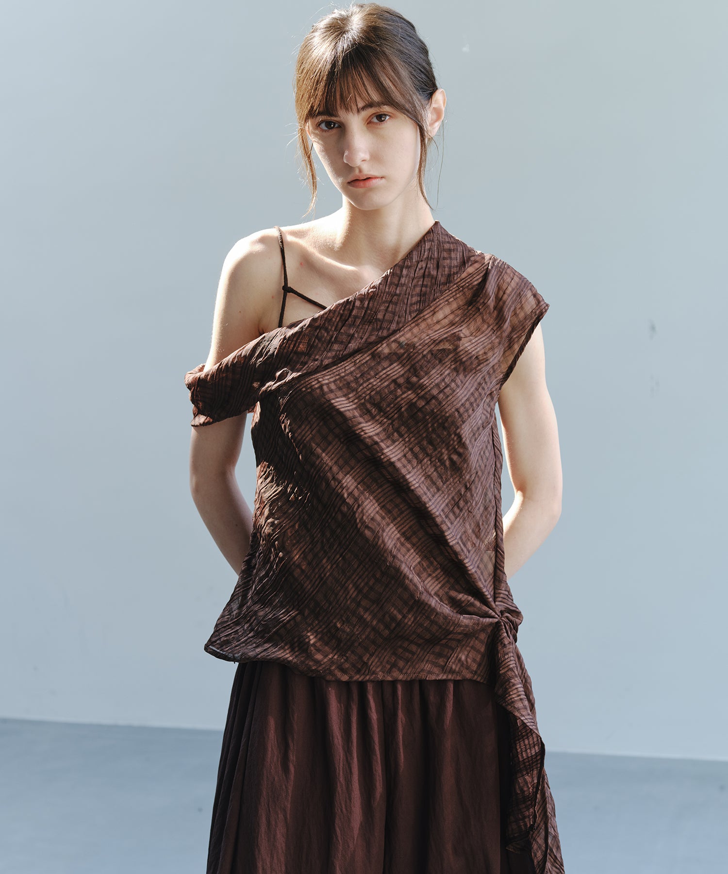 Sheer Check One-Shoulder Top