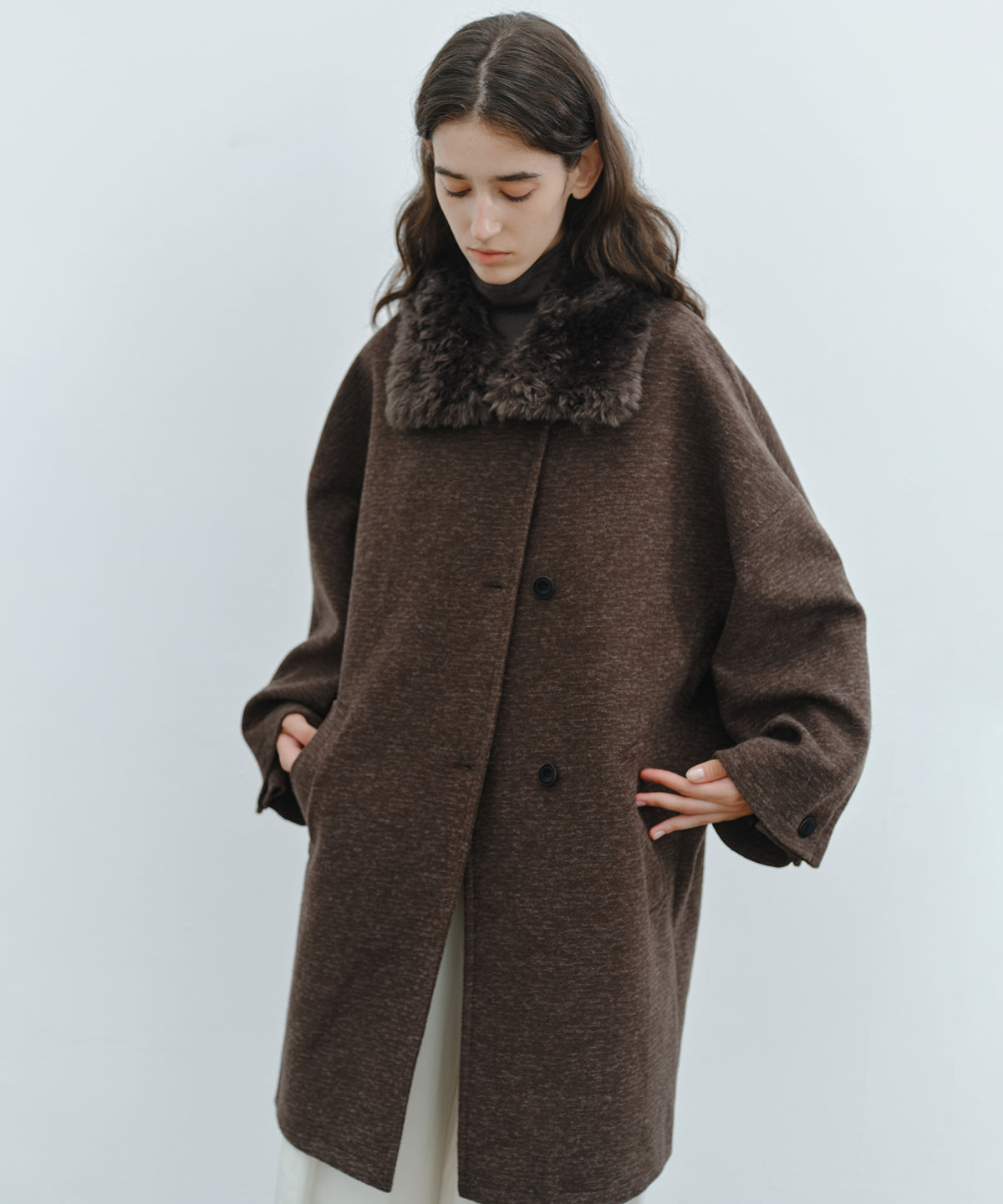 「10月下旬出荷予定」Faux Fur Collar Melange Wool-Like Middle Coat