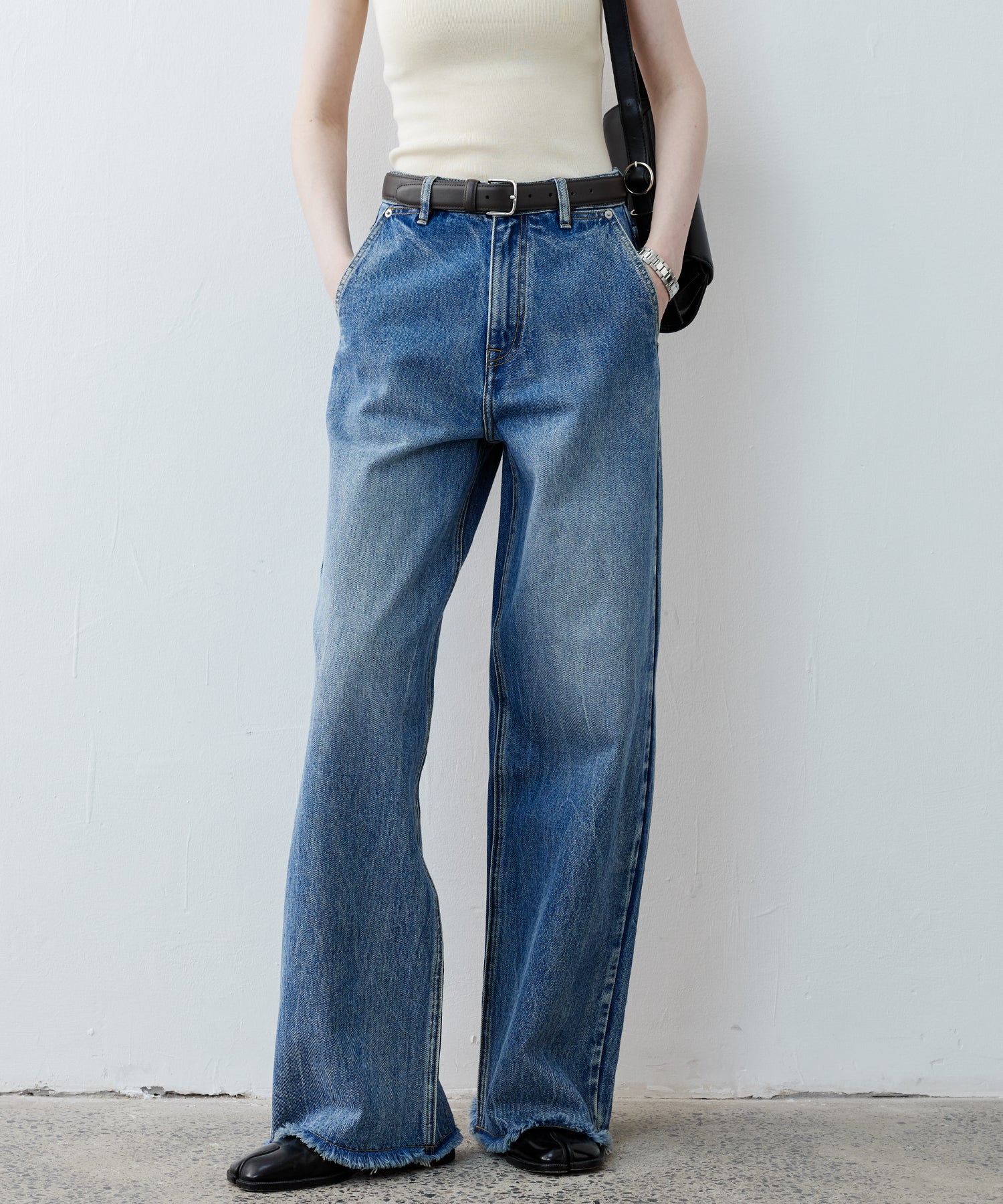 Washed Wide-Leg Denim Pants with Raw Hem