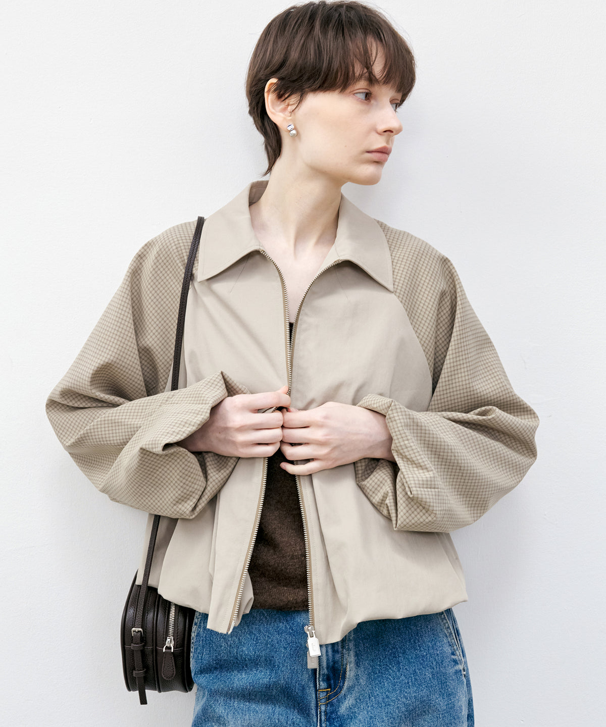 Check Panel Balloon Sleeve Short Blouson