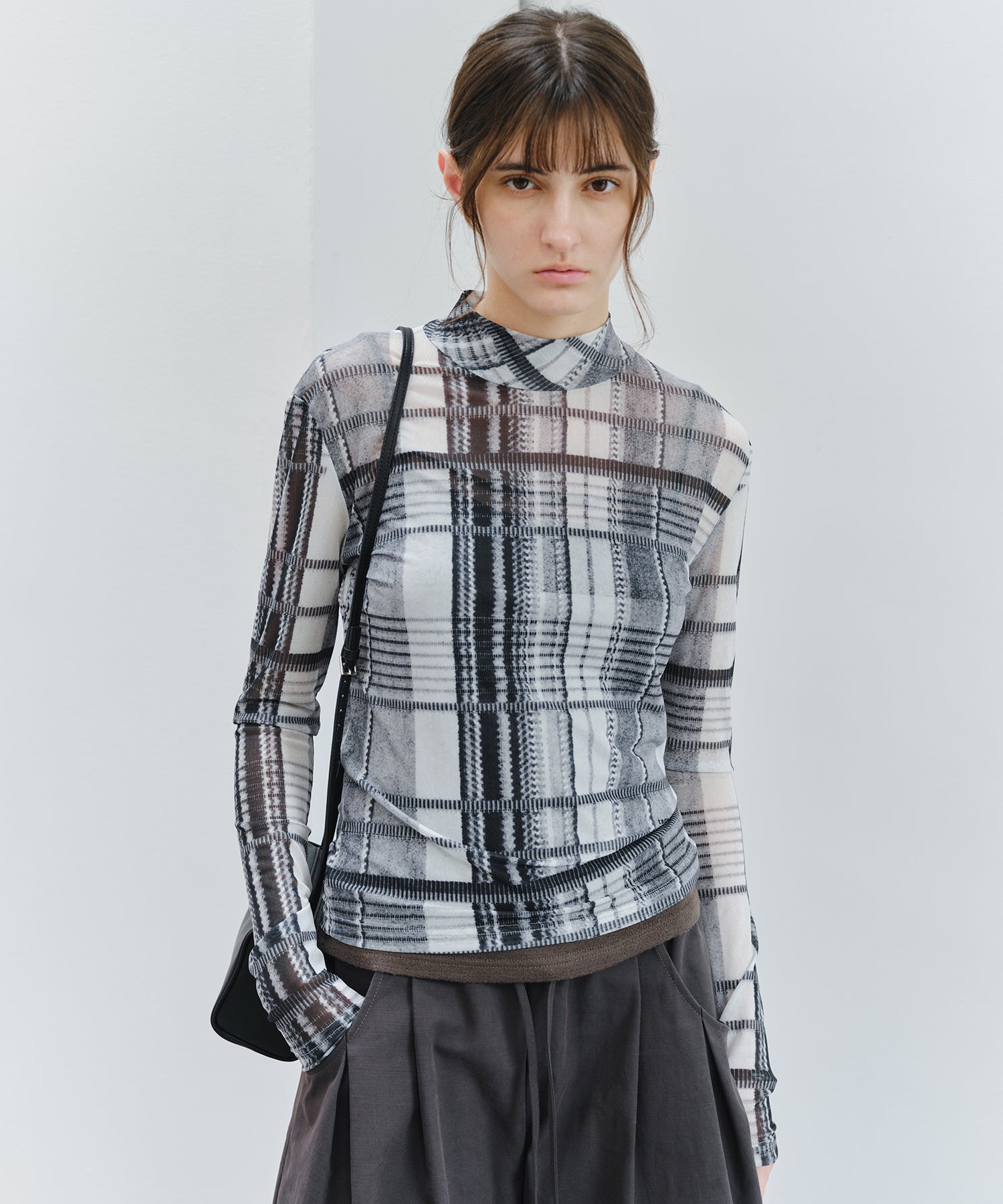 「9月下旬出荷予定」Vintage Check Sheer High Neck Top