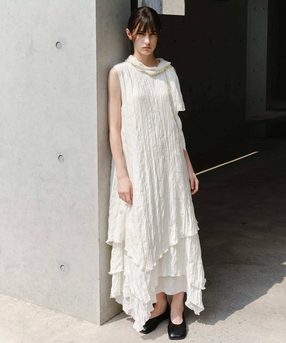 「9月下旬出荷予定」Washed Texture Scarf Collar Layered Dress