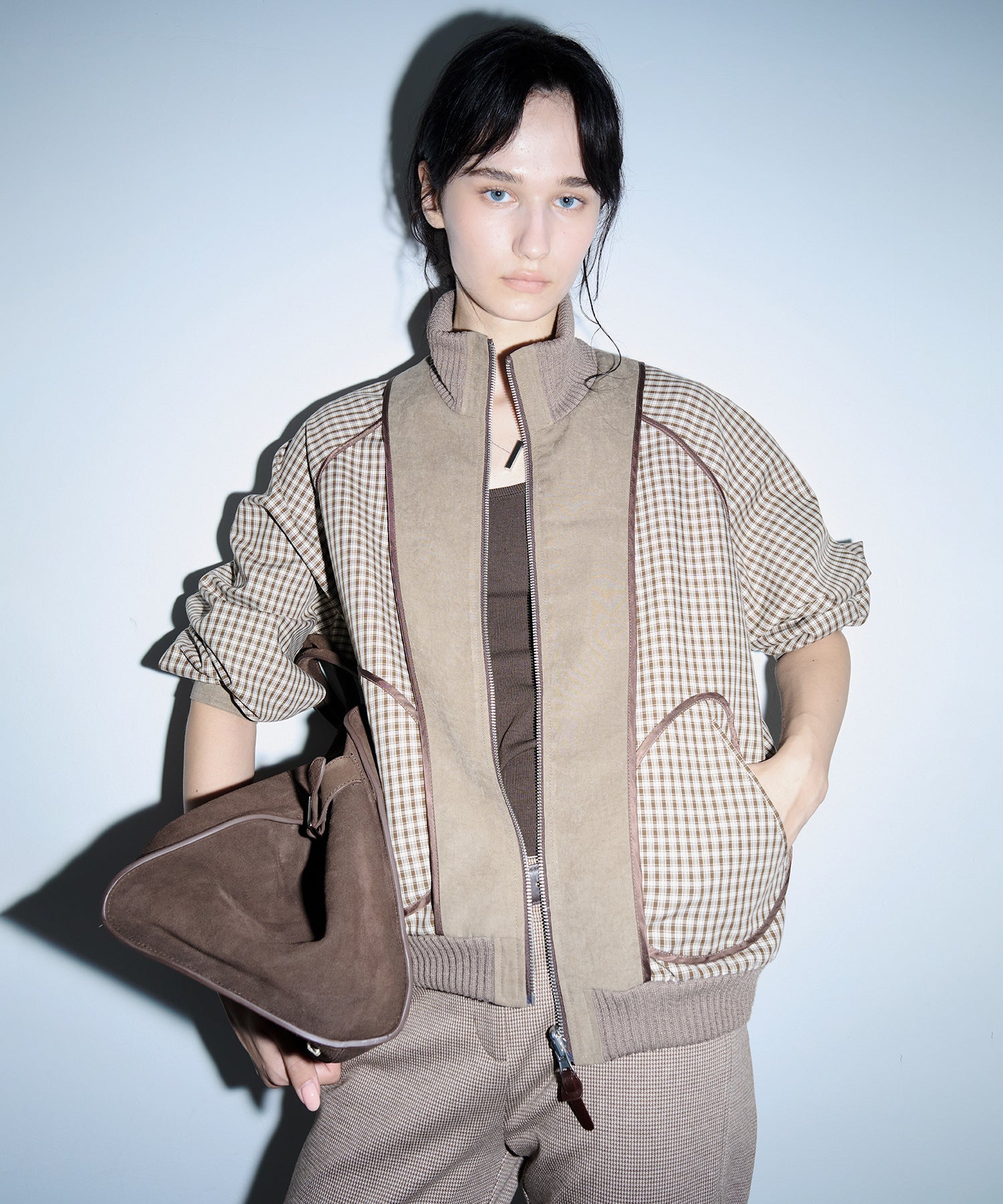 Reverse-Look Oversized Cropped Check Short Jacket