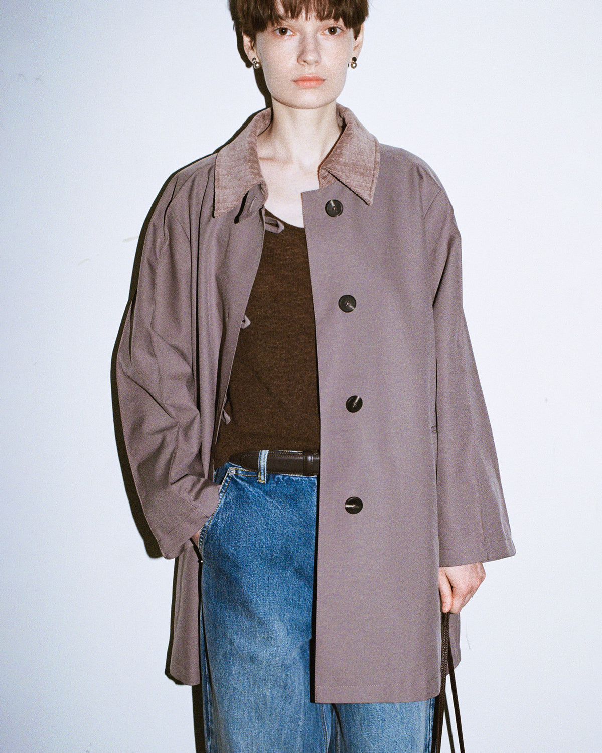 Corduroy Collar Mid-Length Coat
