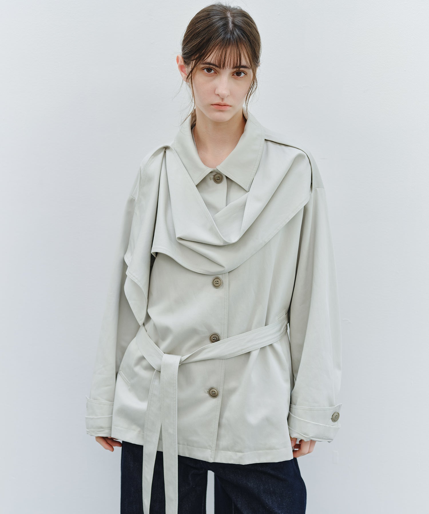 「9月下旬出荷予定」Detachable Scarf Belted Short Trench Coat