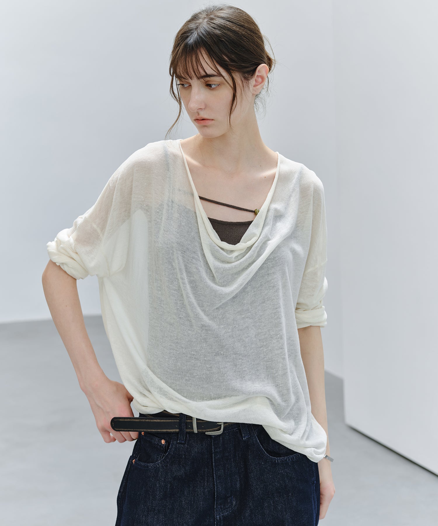 「9月下旬出荷予定」Drape Neck Sheer Loose Knit Top