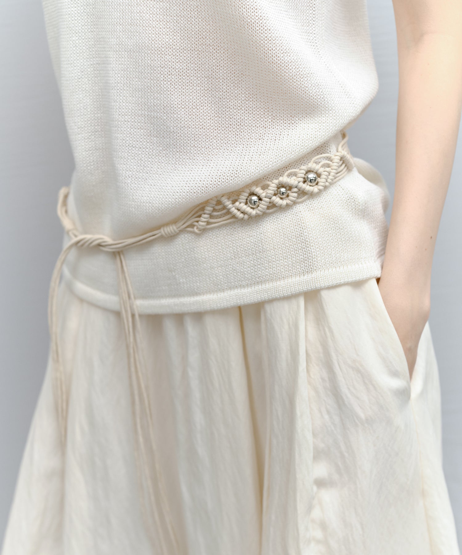 Braided Cord Slim Belt with Silver Beads