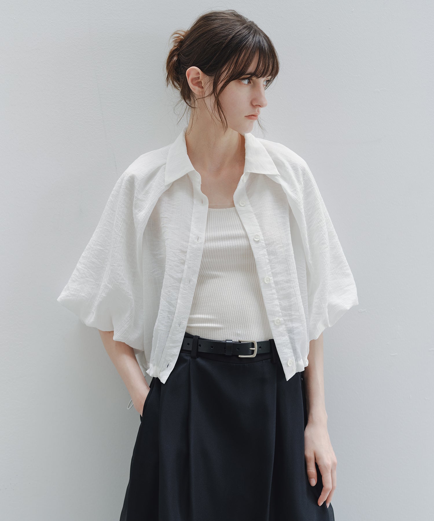 「7月上旬～中旬出荷」Sheer Stripe Balloon Sleeve Cropped Shirt
