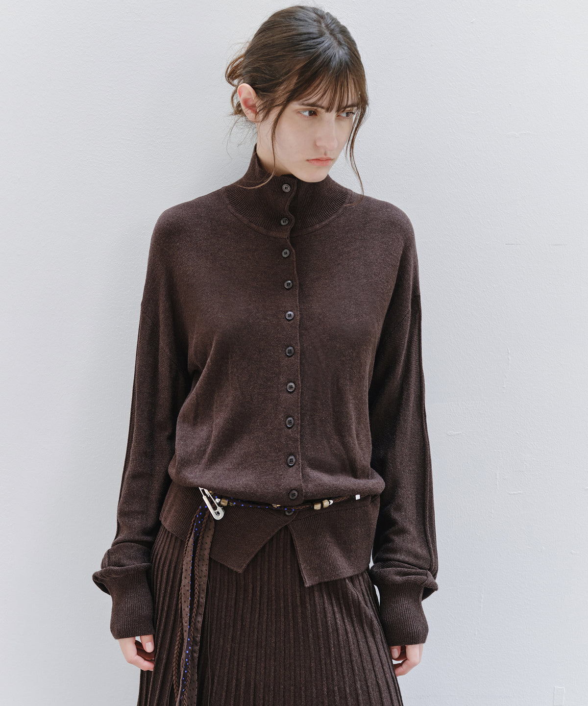 「10月下旬出荷予定」Wool Silk High Neck Button Knit Cardigan