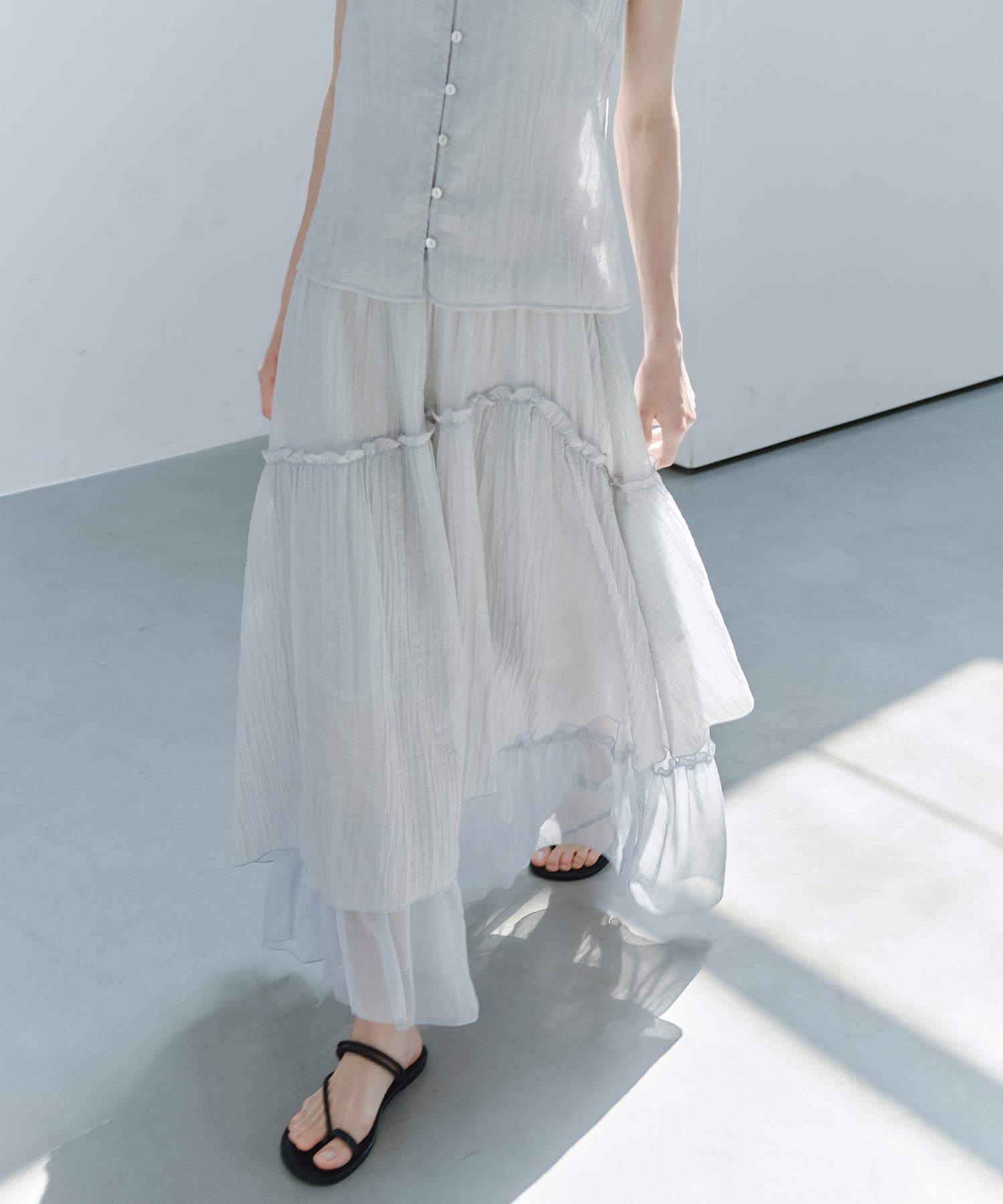 「7月上旬～中旬出荷」Sheer Panel Tiered Flare Skirt