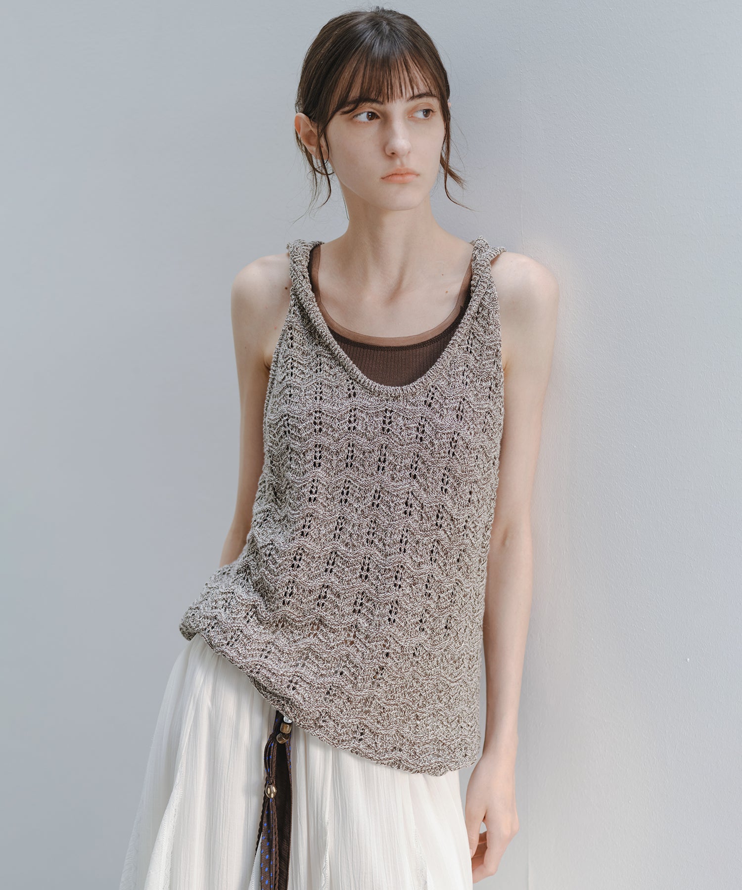 「6月上旬～中旬出荷」Layered Open Knit Mixed Yarn Top