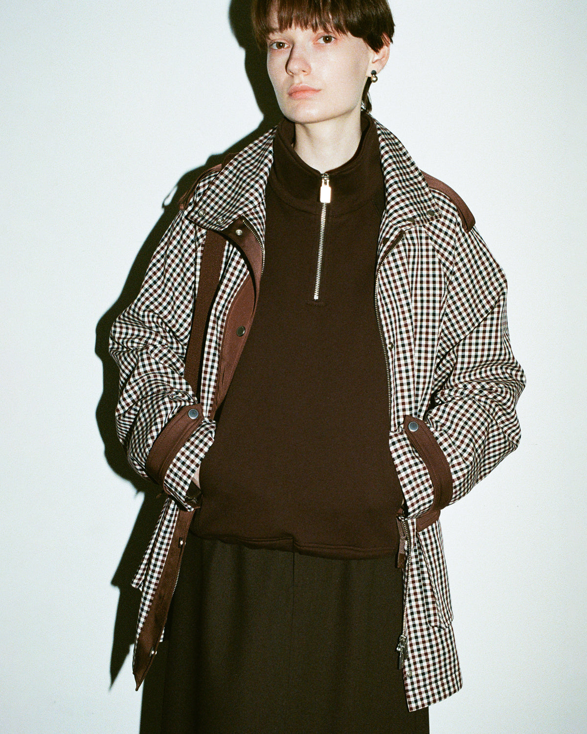 Contrast Panel Checkered Mid-Length Jacket