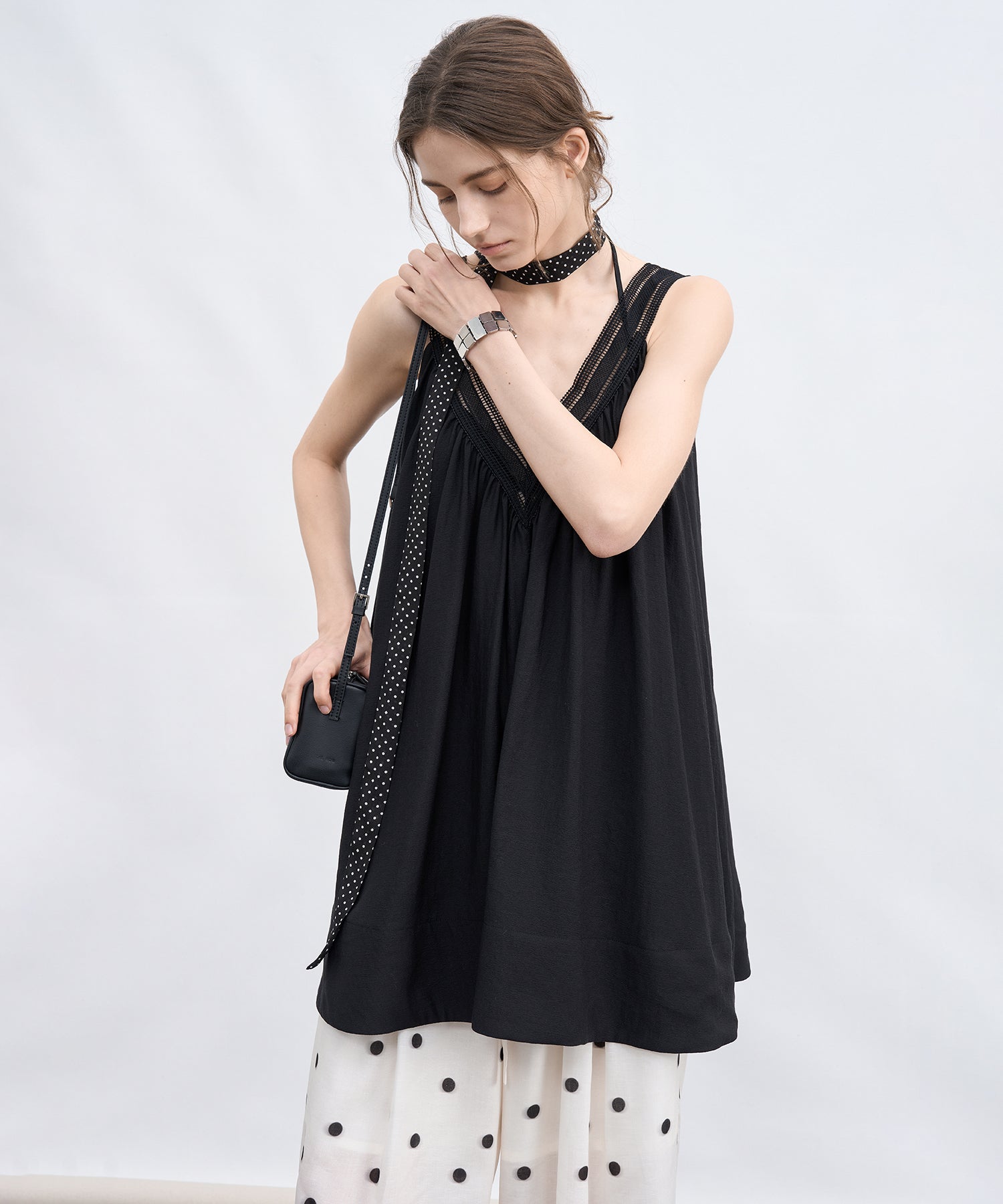 Lace V-Neck Gathered Flare Cami Top