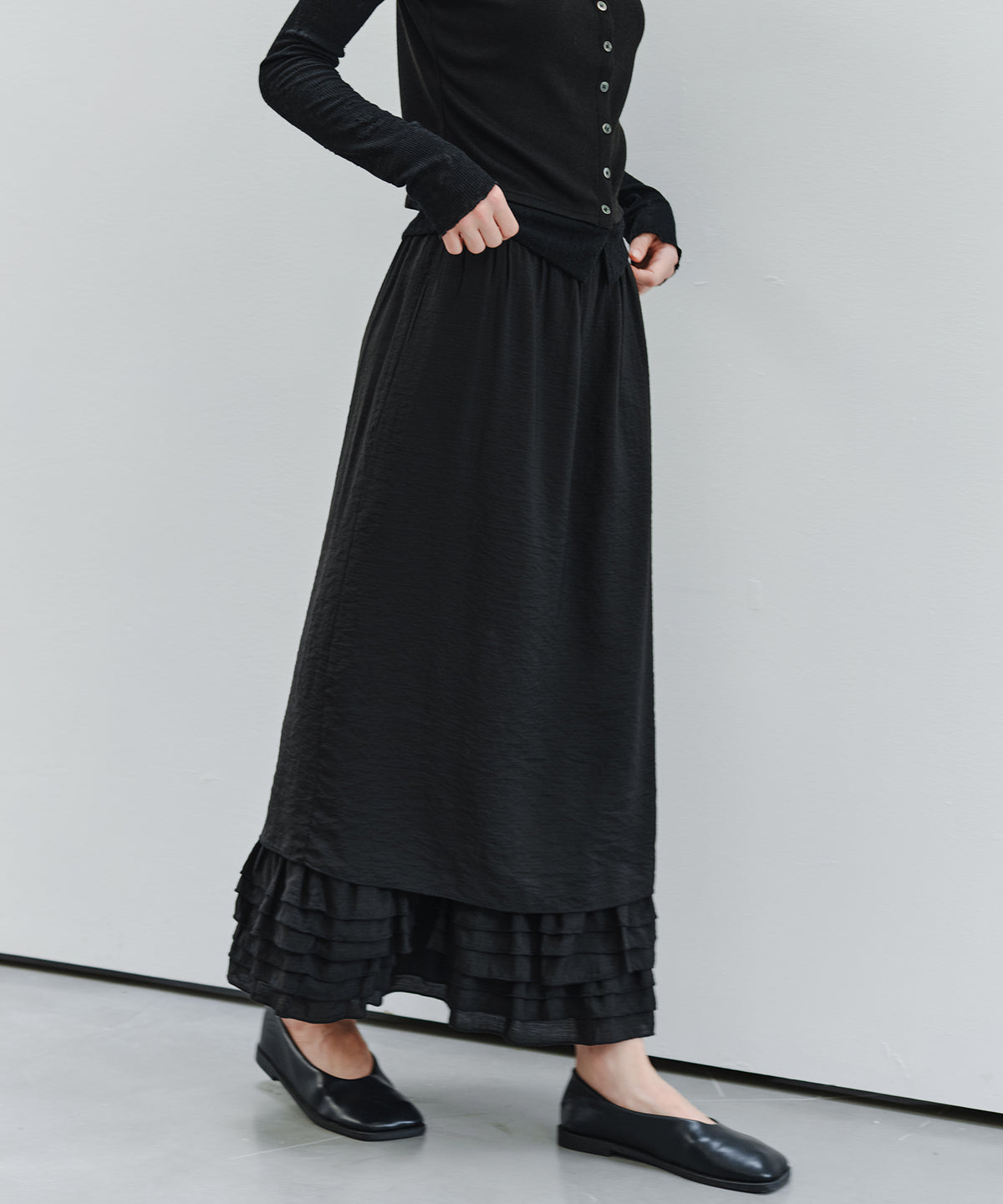「9月下旬出荷予定」Layered Frill Hem Easy Long Skirt