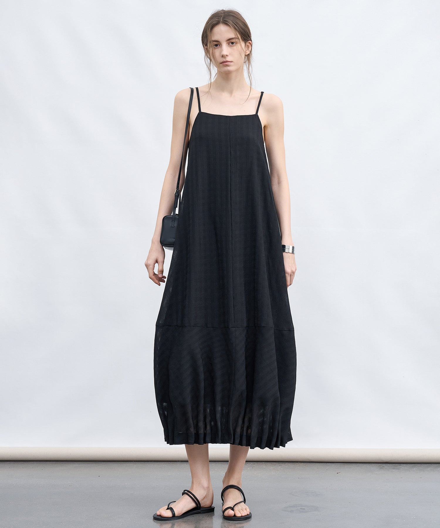 Check Jacquard Balloon Hem Camisole Long Dress
