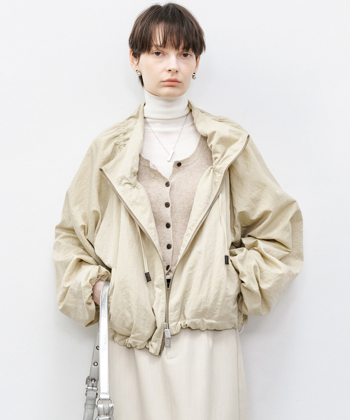 Drawstring Gathered Stand Collar Cropped Jacket