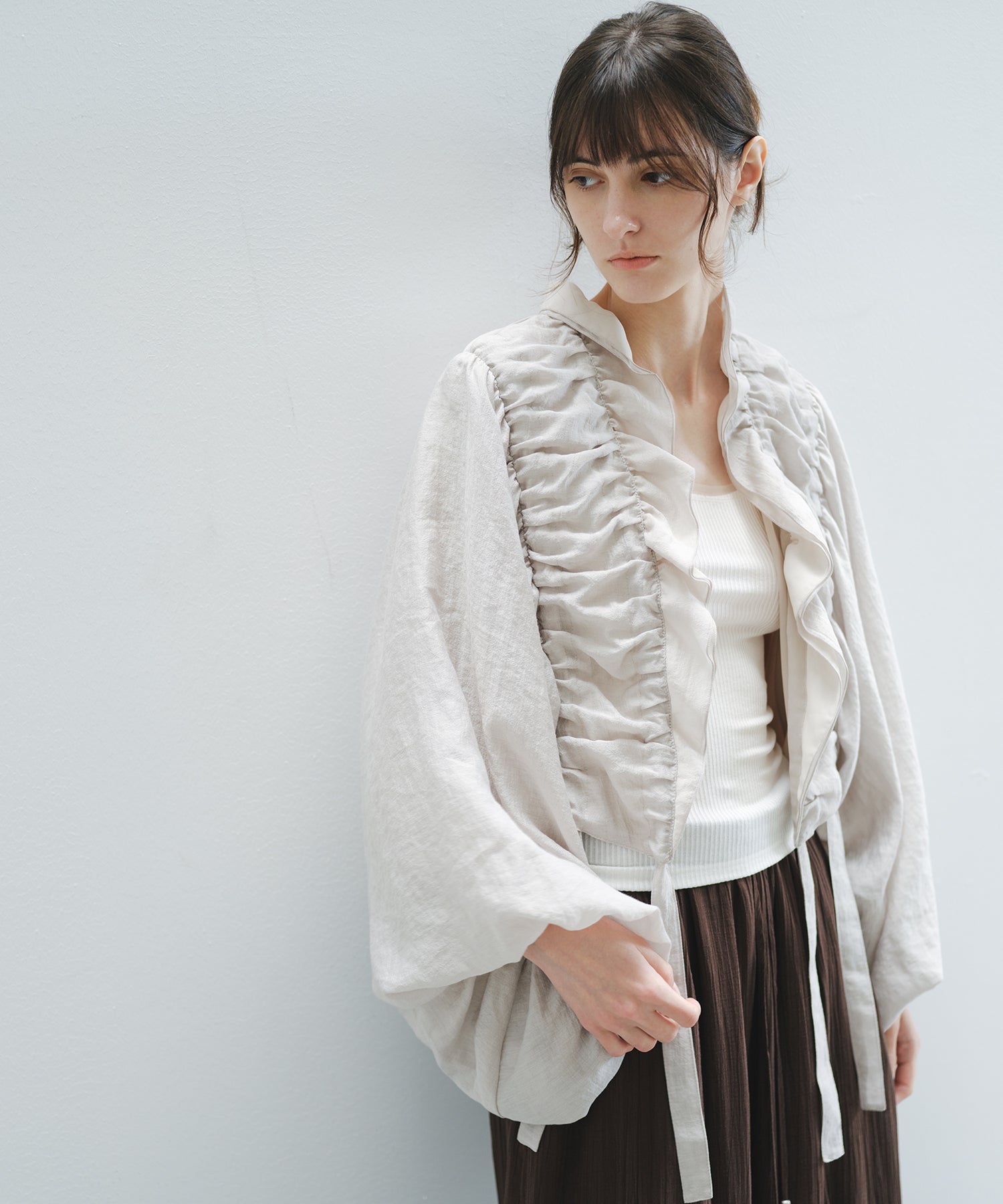 「6月上旬～中旬出荷」Gathered Balloon Sleeve Sheer Shirt