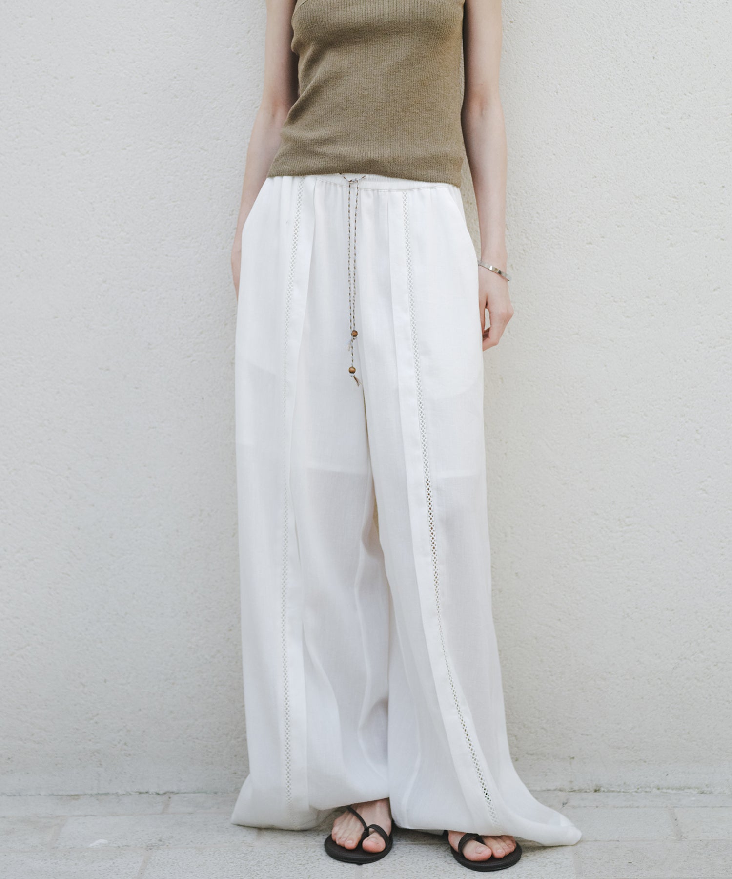 「8月中旬～下旬出荷」Front Lace Linen Blend Wide Pants