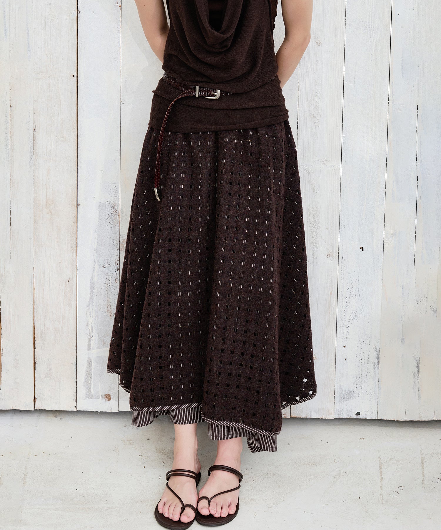 Cut-Out Layered High-Waist A-Line Midi Flare Skirt