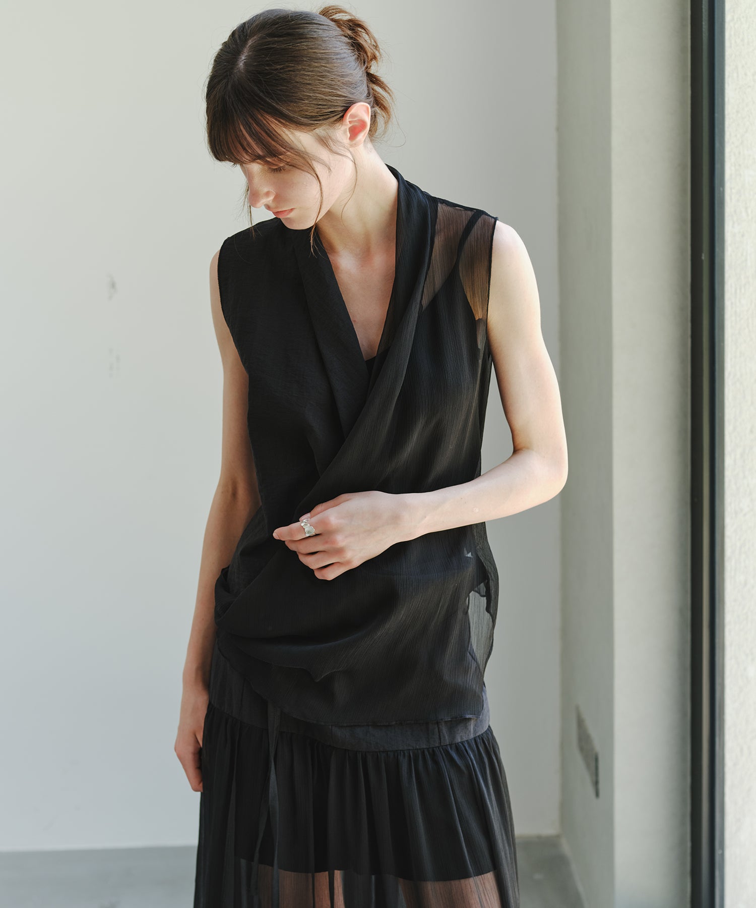 Sheer Cross Draped Sleeveless Top
