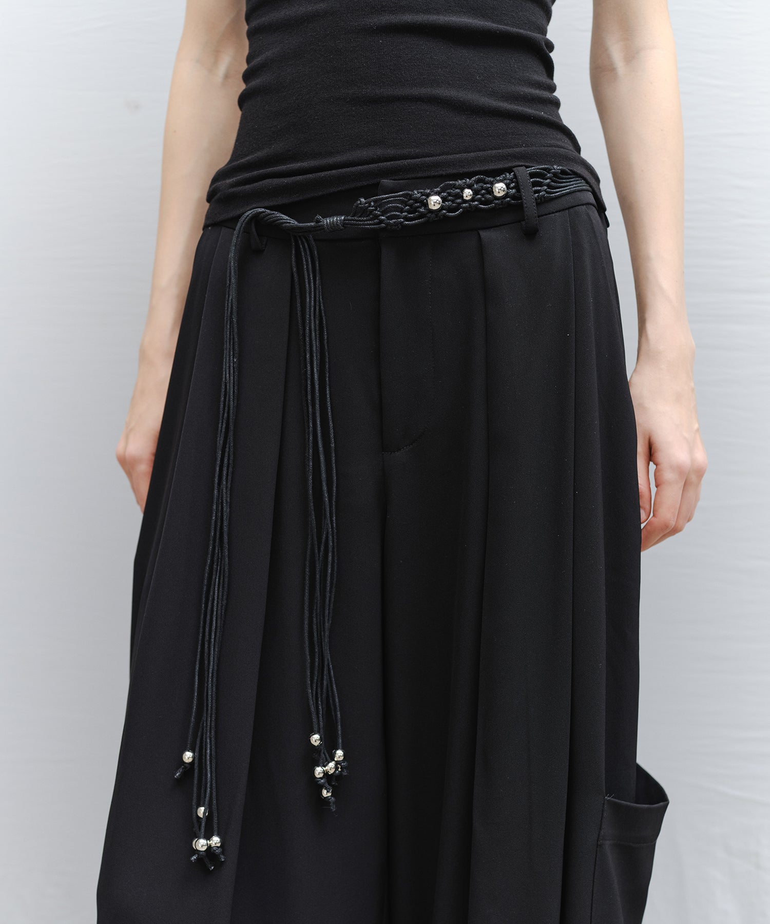 Braided Cord Slim Belt with Silver Beads