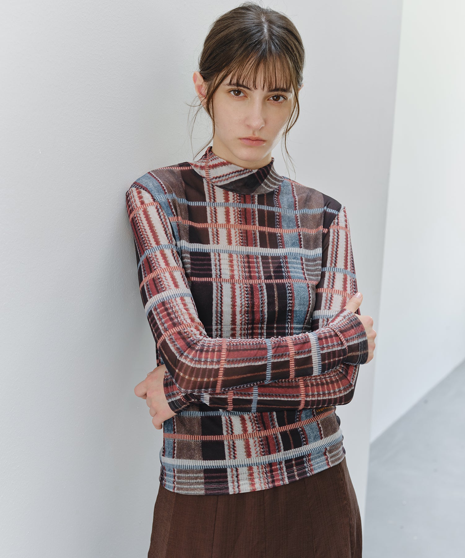「9月下旬出荷予定」Vintage Check Sheer High Neck Top