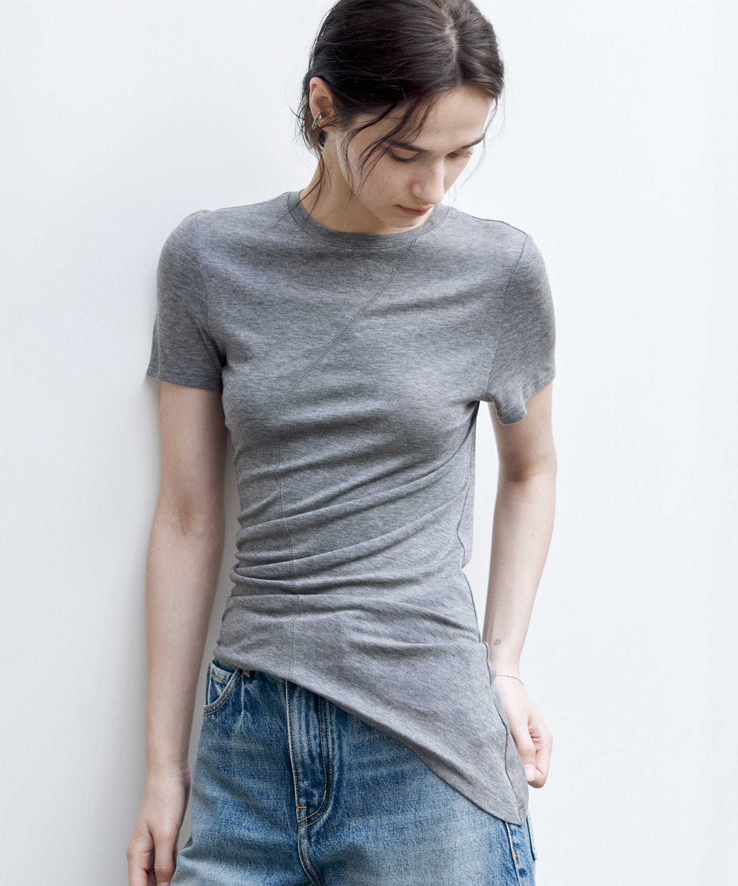 Asymmetric Hem Fitted T-Shirt in Lyocell Blend