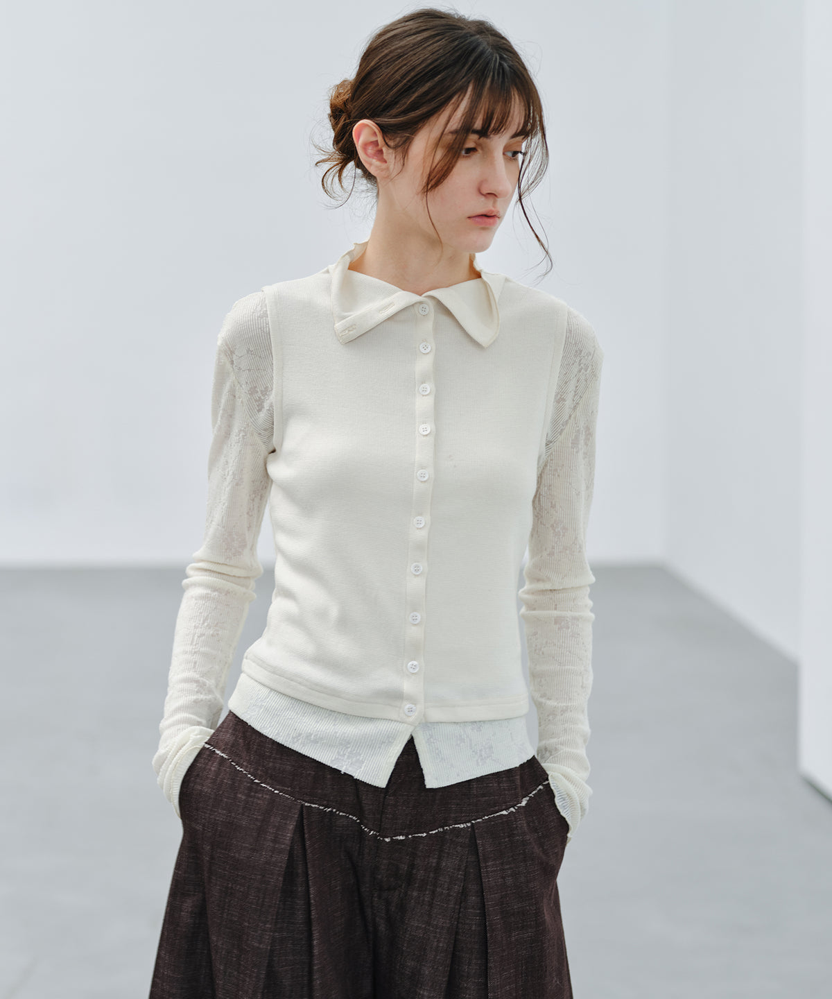 「9月下旬出荷予定」Lace Sleeve Layered Collar Top