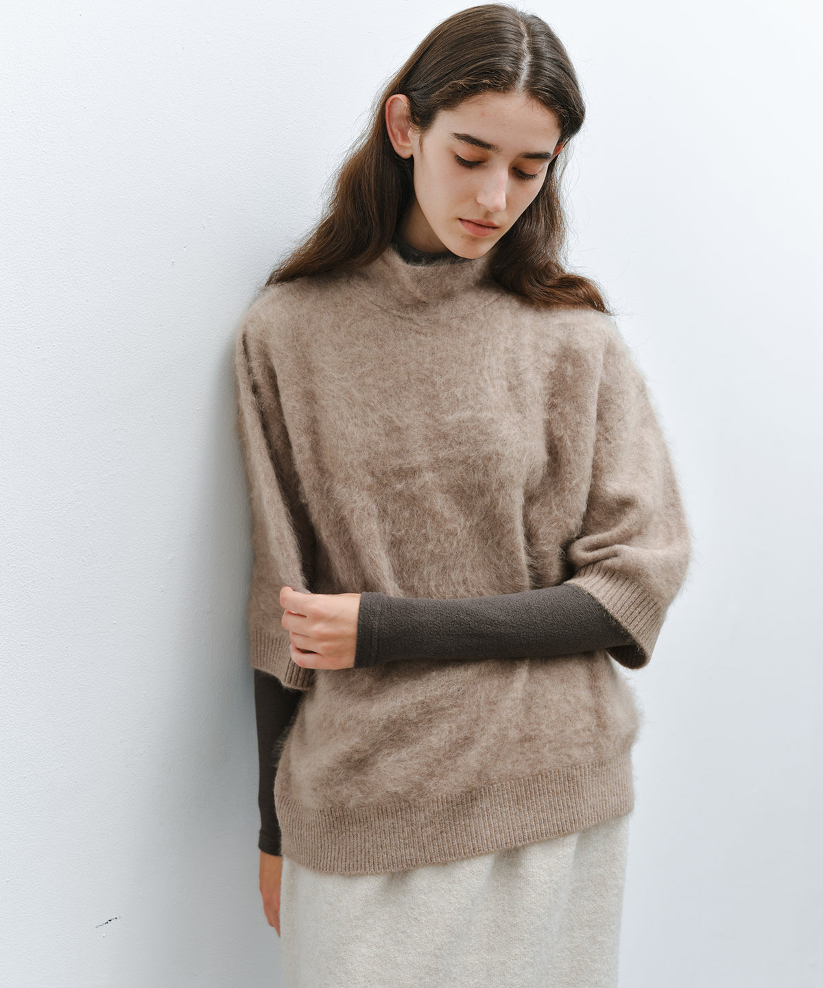 「10月下旬出荷予定」Brushed Cashmere-Blend Half Sleeve Knit Top