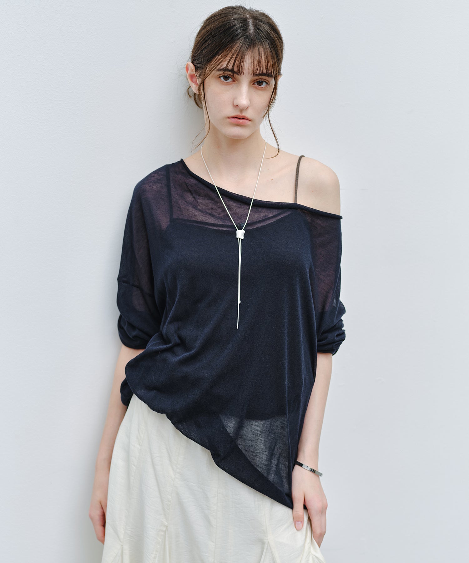 「9月下旬出荷予定」Drape Neck Sheer Loose Knit Top