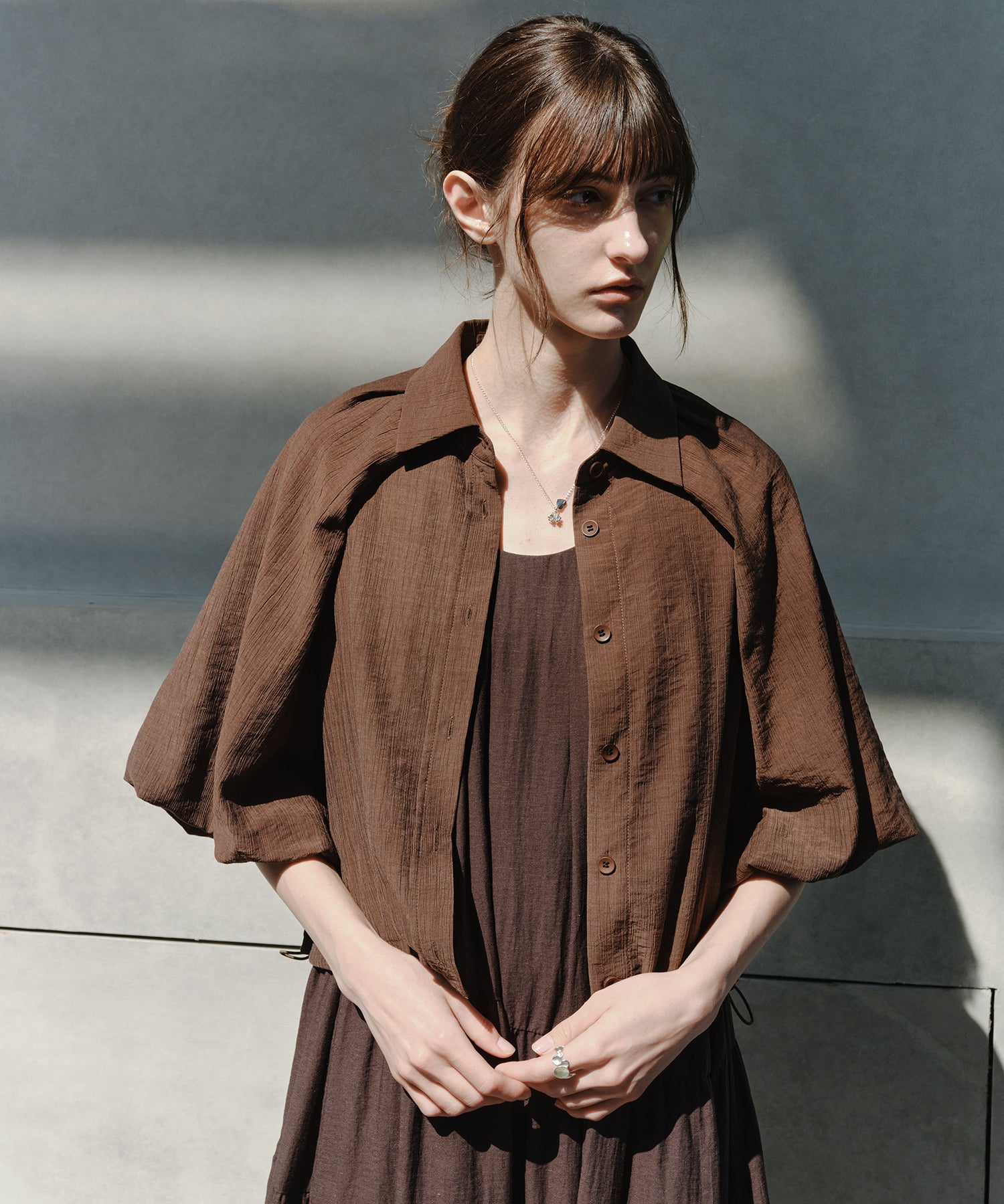 「7月上旬～中旬出荷」Sheer Stripe Balloon Sleeve Cropped Shirt