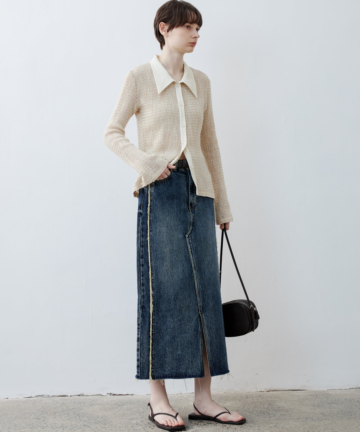 Fuzzy Texture & Sheer Pattern Shirt with Contrast Pointed Collar