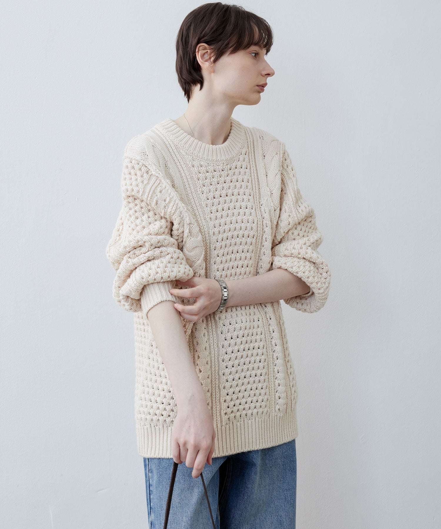 Textured Wool Blend Aran Sweater