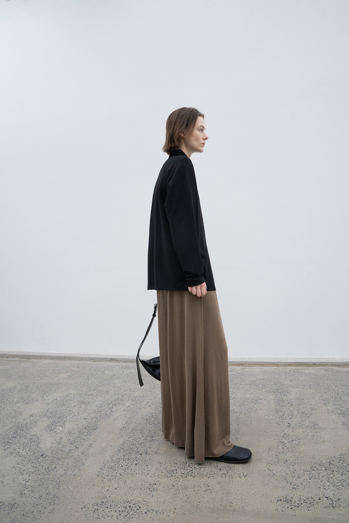 High neck long T-shirt cut-and-sew tops with logo 